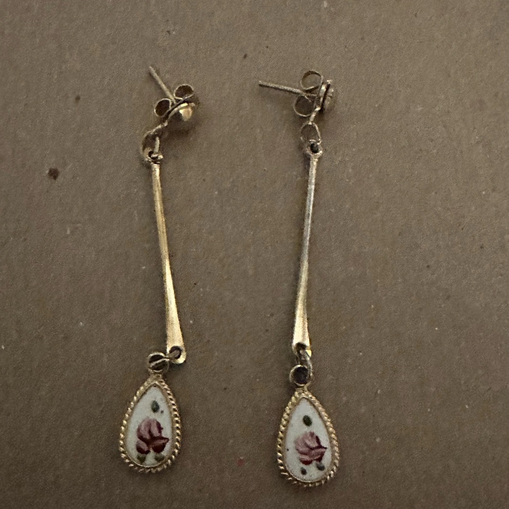 Gold-Tone Drop Earrings with Pink Rose Enamel